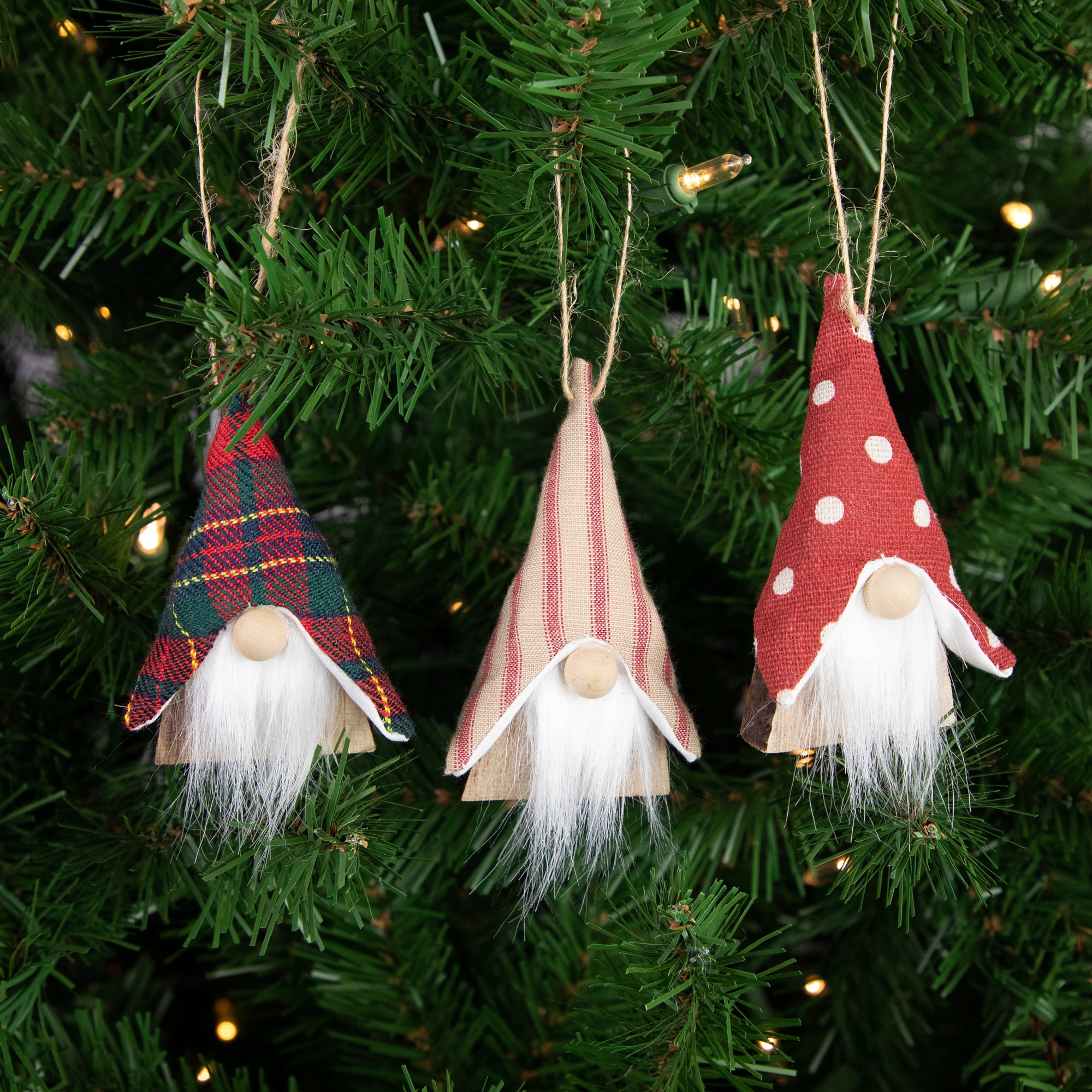 Set of 3 Wooden Gnomes Christmas Ornaments 4"